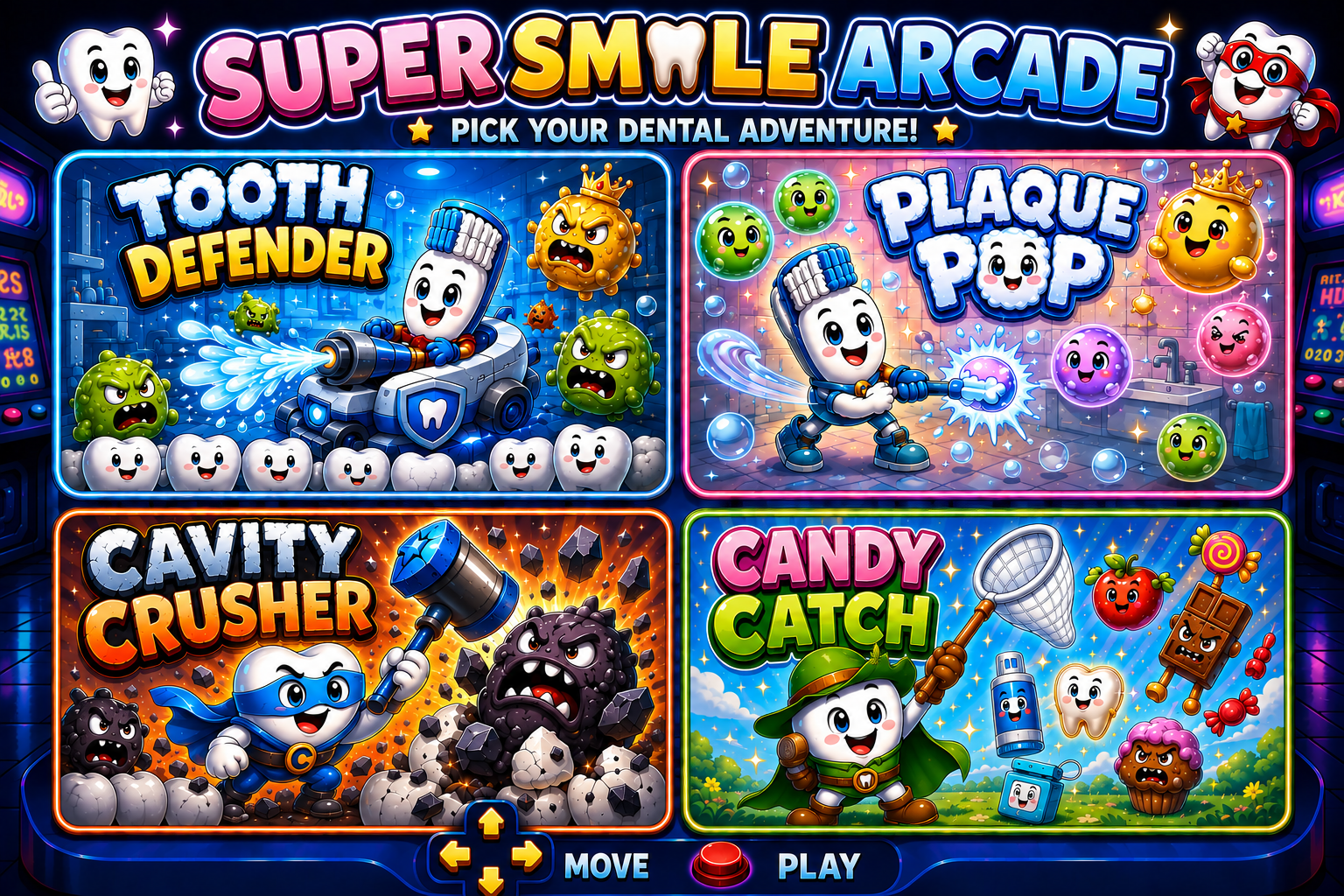 Super Smile Arcade menu showing four dental games