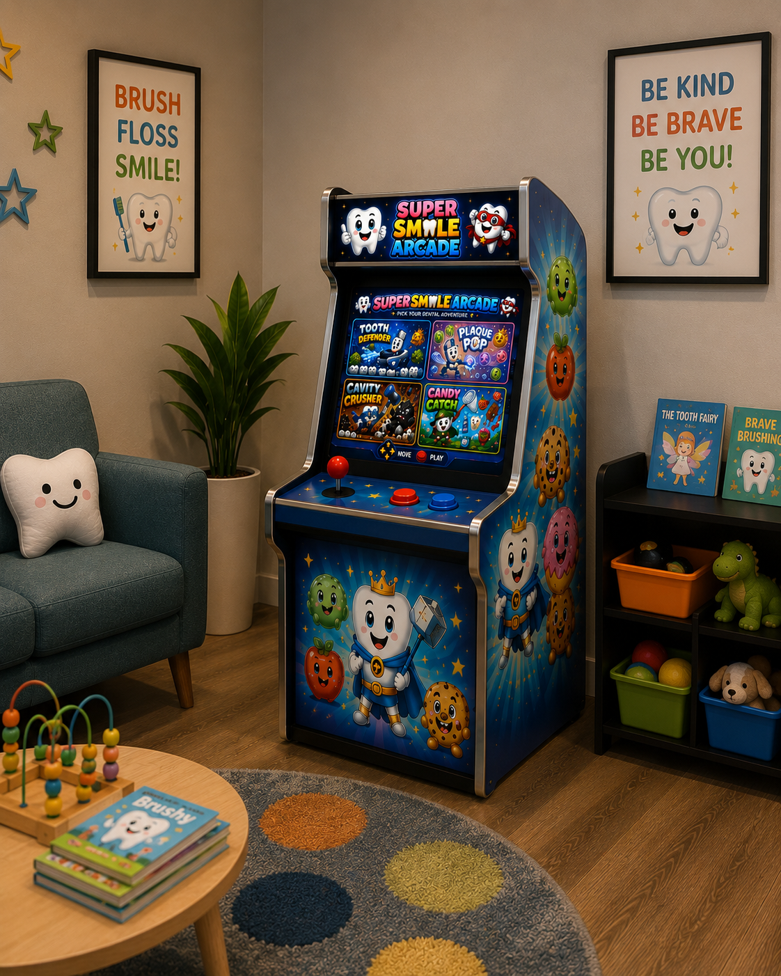 Full-size Super Smile Arcade cabinet in a pediatric dental office