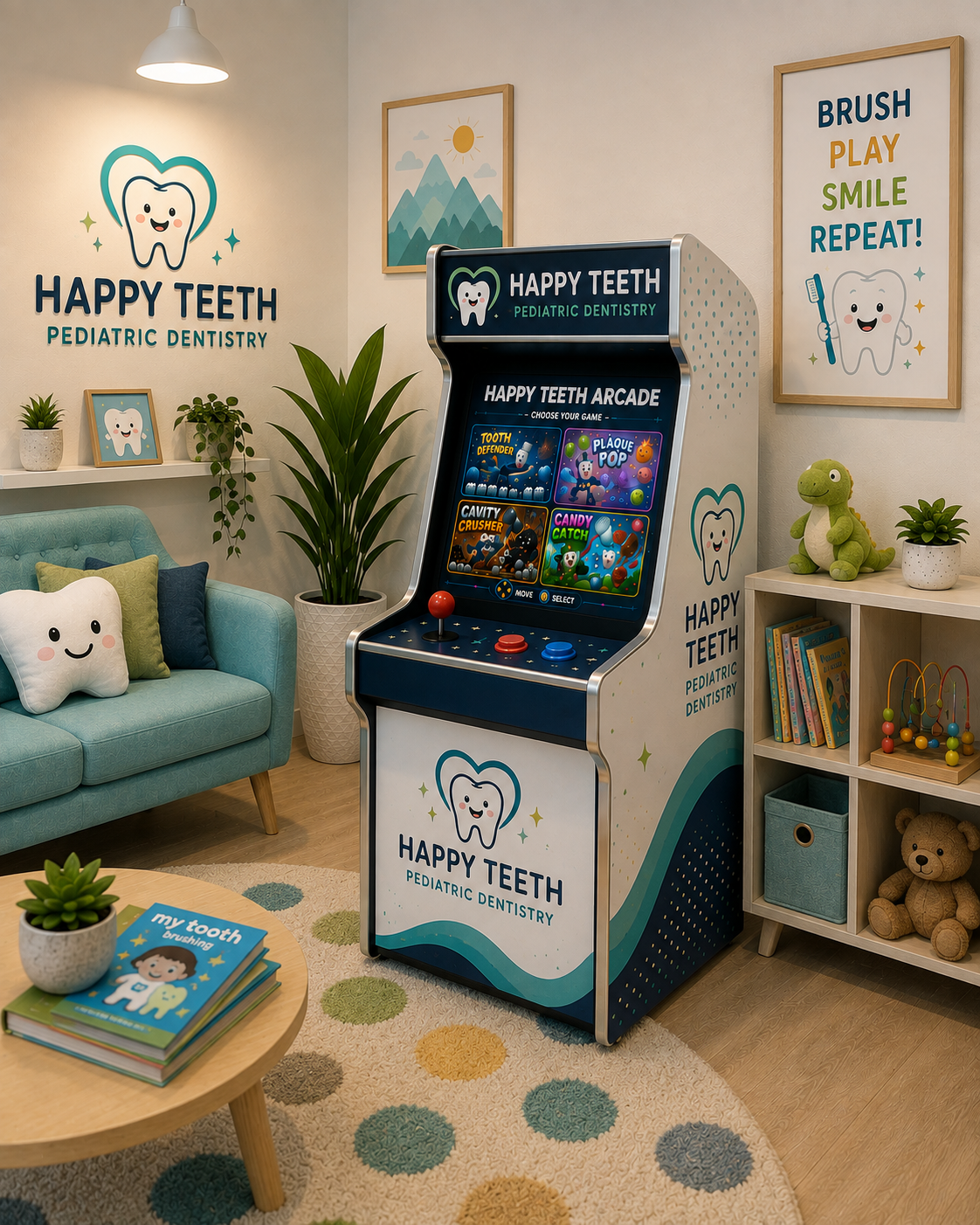 Practice-branded Happy Teeth arcade cabinet