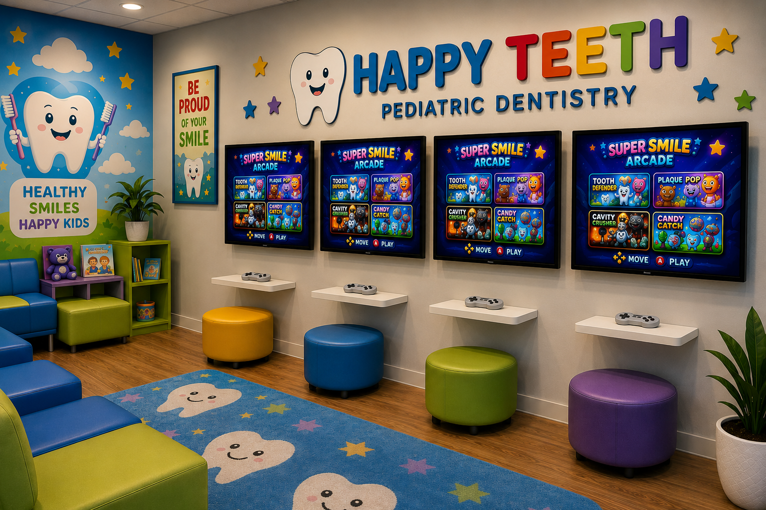 Multiple HDMI gaming stations in a dental waiting room